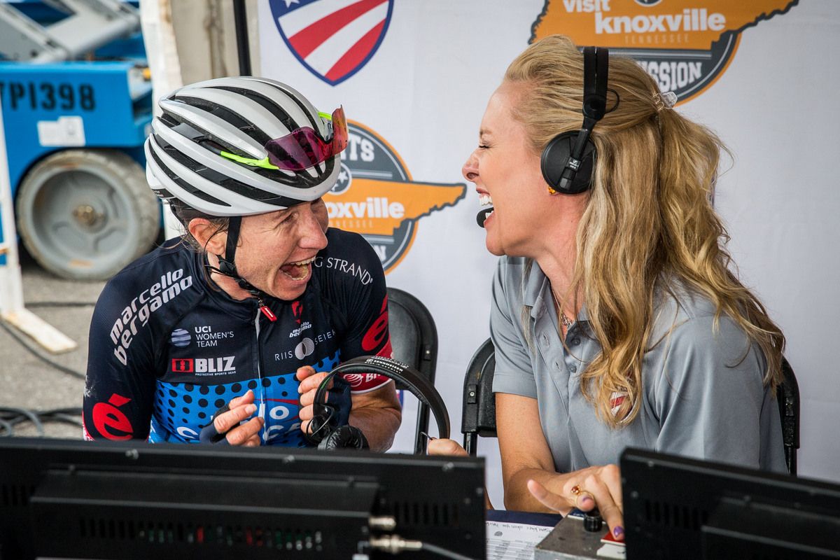 Amber Neben (Velo Concepts) shows the excitement of her win