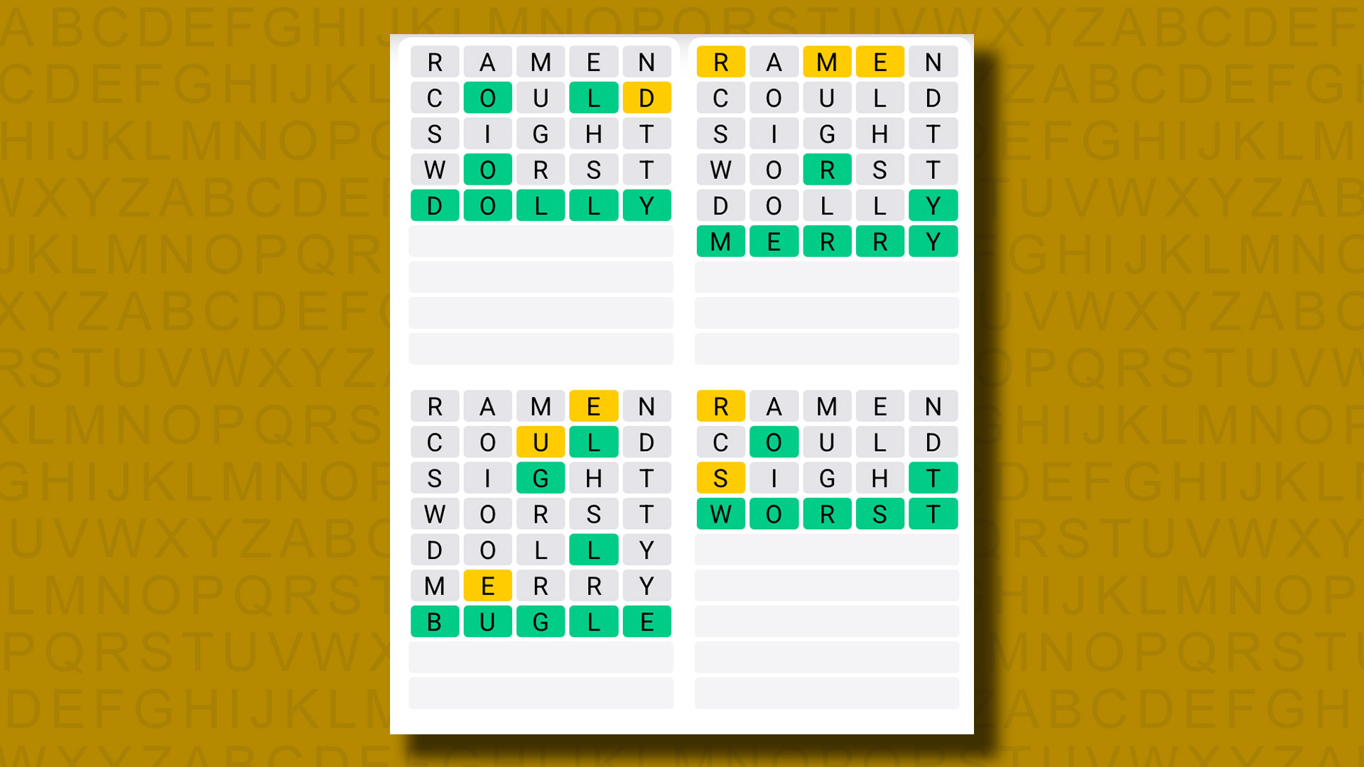 Quordle answers for game 1304 on a yellow background