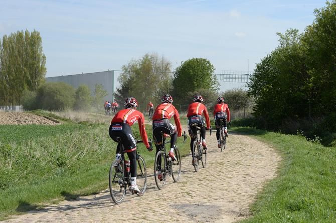 Lotto Belisol heads into the curve in the Orchies sector of Paris-Roubaix
