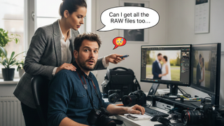 A client has her hand on a photographer's shoulder sat at his computer desk and a speech bubble is coming from the client with text saying "Can I get all the RAW files too..."