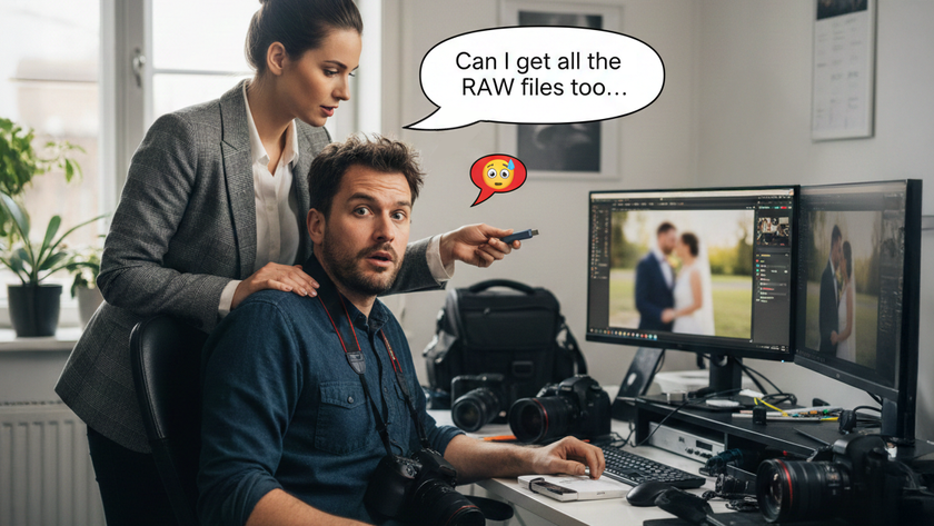 A client has her hand on a photographer's shoulder sat at his computer desk and a speech bubble is coming from the client with text saying "Can I get all the RAW files too..."