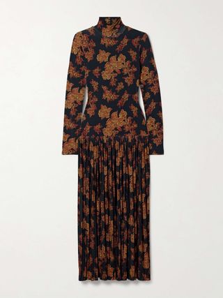 Amaya Pleated Floral-Print Jersey Turtleneck Maxi Dress