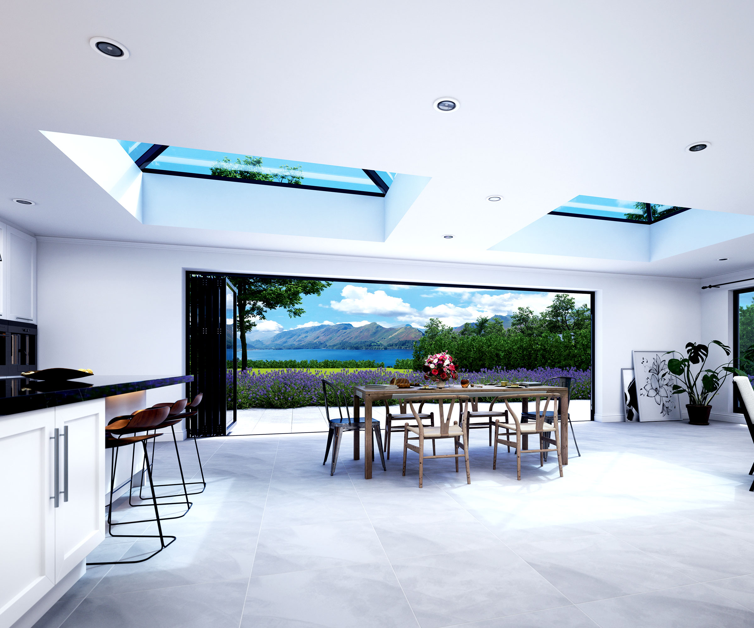 Contemporary white open plan living space with wide expanse of open bifold doors