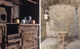 Coal oven and round wooden chair.