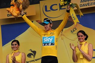 Tour de France leader Bradley Wiggins (Sky) on the podium after stage 12.