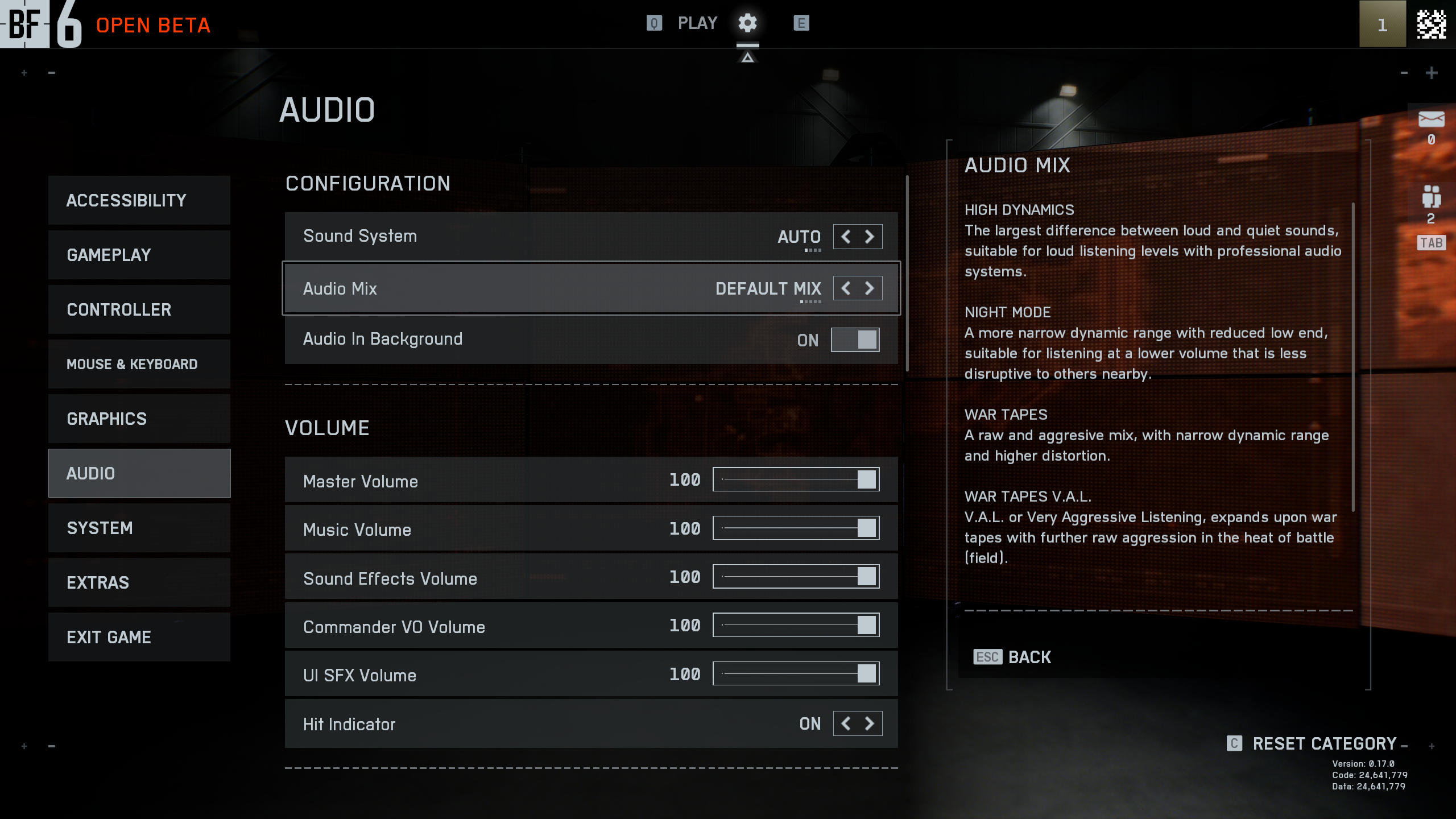 Battlefield 6 beta menus: A screenshot of the audio settings menu, with a description specifically of the &#039;audio mix&#039; option on the right side.