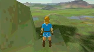 Breath of the Wild demake screenshot taken from a Nintendo DS flash card, showing a remade Link standing on the mountains of Hyrule.