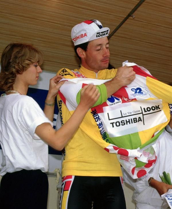 Jean-Fran&ccedil;ois Bernard dons the yellow jersey earned by winning the Mont Ventoux time trial in the 1987 Tour de France.