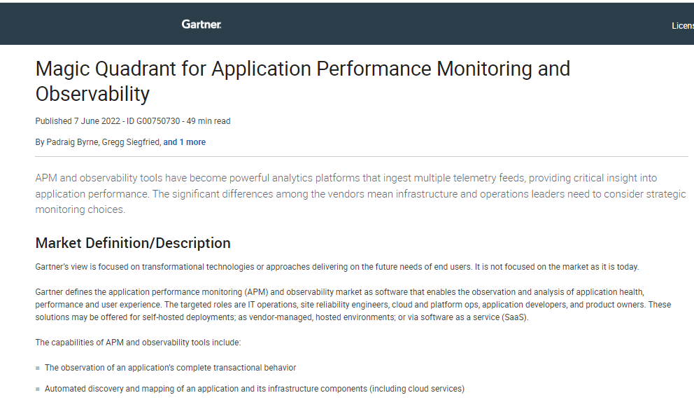 Magic quadrant for application performance monitoring and