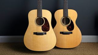 Martin D-18 (L) and OM-21 (R) acoustic guitars