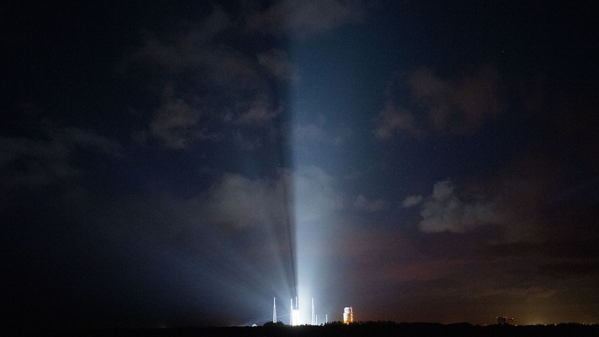 A United Launch Alliance Atlas V rocket with Boeing&rsquo;s CST-100 Starliner spacecraft onboard is seen illuminated by spotlights on the launch pad at Space Launch Complex 41 ahead of the Orbital Flight Test mission, Wednesday, Dec. 18, 2019 at Cape Canaveral Air Force Station in Florida.