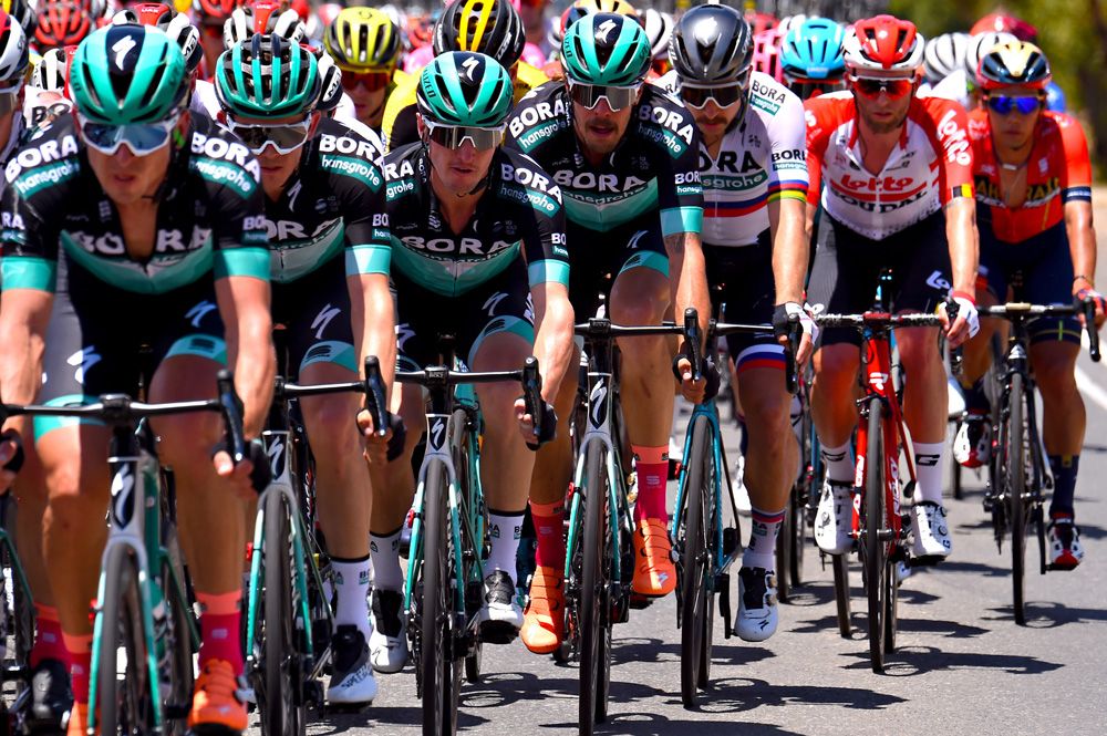 Peter Sagan sits behind his Bora-Hansgrohe teammates