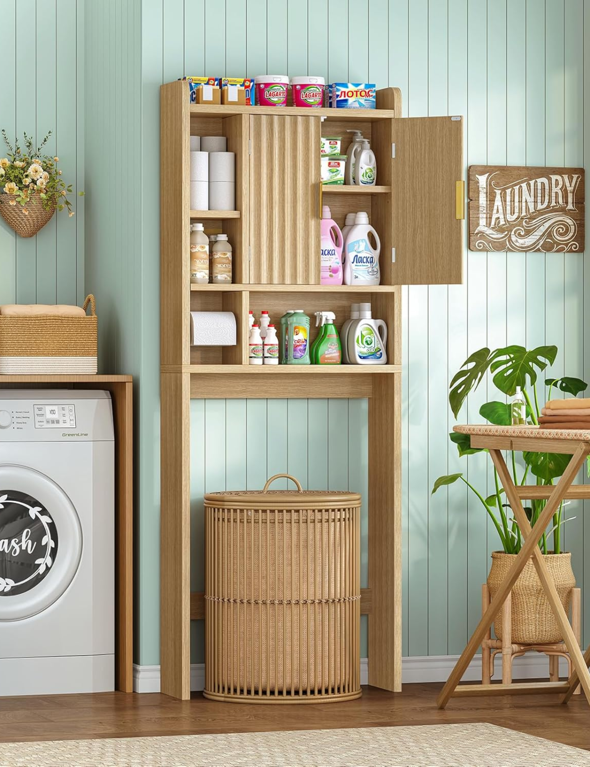 Fluted over-furniture storage styled holding various laundry essentials overhead of a generously sized wicker laundry basket
