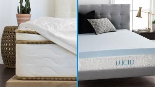 Mattress pad vs topper: image shows a Saatva mattress pad on the left and a Lucid Gel Mattress Topper on the right