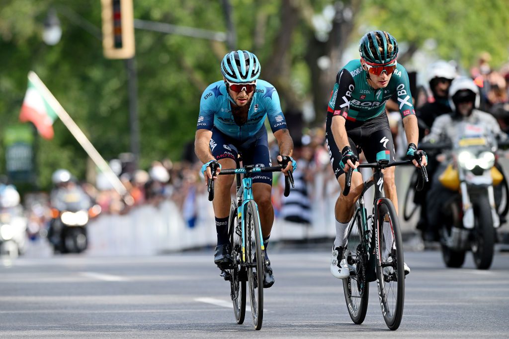 MONTREAL QUEBEC SEPTEMBER 11 LR Simone Velasco of Italy and Team Astana Qazaqstan and Frederik Wandahl of Denmark and Team Bora Hansgrohe compete in the breakaway during the 11th Grand Prix Cycliste de Montreal 2022 a 221km one day race from Montreal to Montreal GPCQM WorldTour on September 11 2022 in Montreal Quebec Photo by Dario BelingheriGetty Images