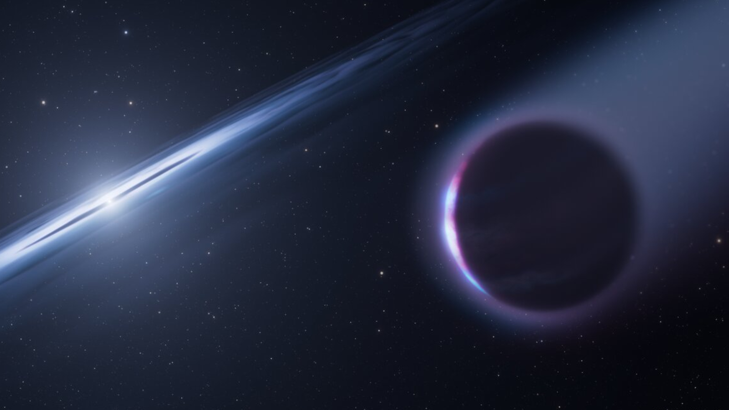 An artist's illustration of a the phoenix planet orbiting a white dwarf star with a plume of gas coming from the exoplanet
