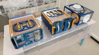 These three boxes make up the mouse habitat on Cygnus NG-11 for an anti-tetanus vaccine experiment on the International Space Station. They are (Left to Right): Rodent Habitat, Rodent Transporter, Animal Access Unit.