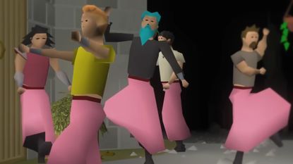 Old School RuneScape men in pink skirts dancing