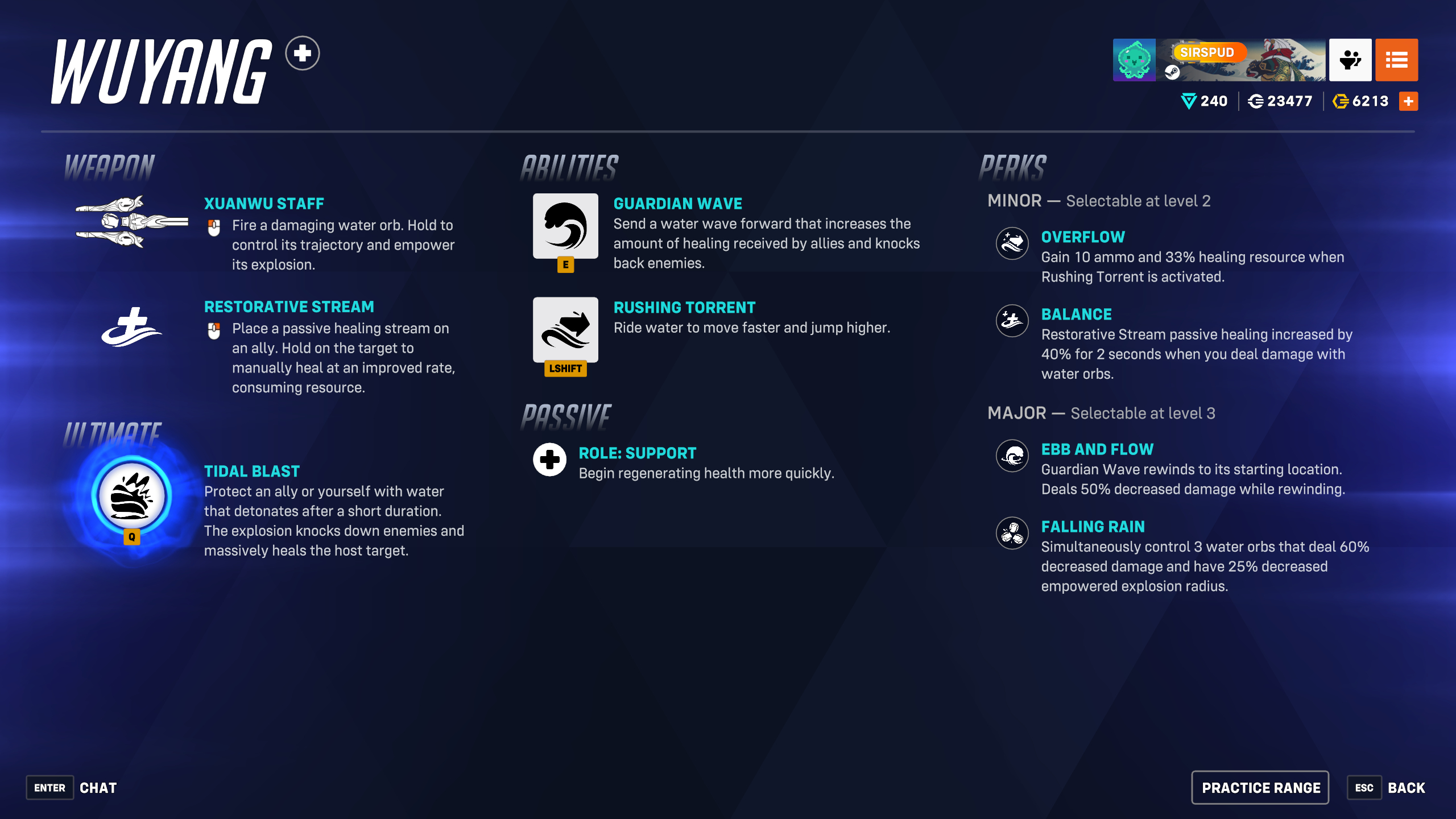 Overwatch 2 Wuyang hero trial preview: Wuyang's ability overview screen, showing each of his moves and what they do, alongside his perks.