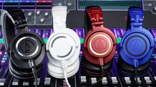 Group shot of multi-coloured Audio-Technica ATH-M50x headphones