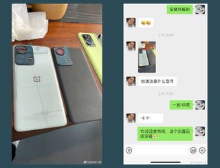 An image of back panels of unreleased OnePlus phones, believed to be the OnePlus 10 Pro. Half of the image is a conversation between the leaker and the source.