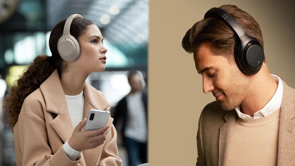 a woman wearing the Sony WH-1000XM4 headphones in white in a train station and a man wearing the Sony WH-1000XM3 in black against a brown background