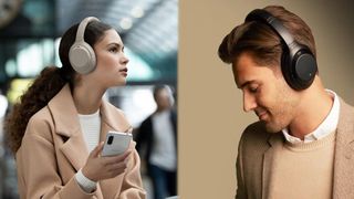 a woman wearing the Sony WH-1000XM4 headphones in white in a train station and a man wearing the Sony WH-1000XM3 in black against a brown background