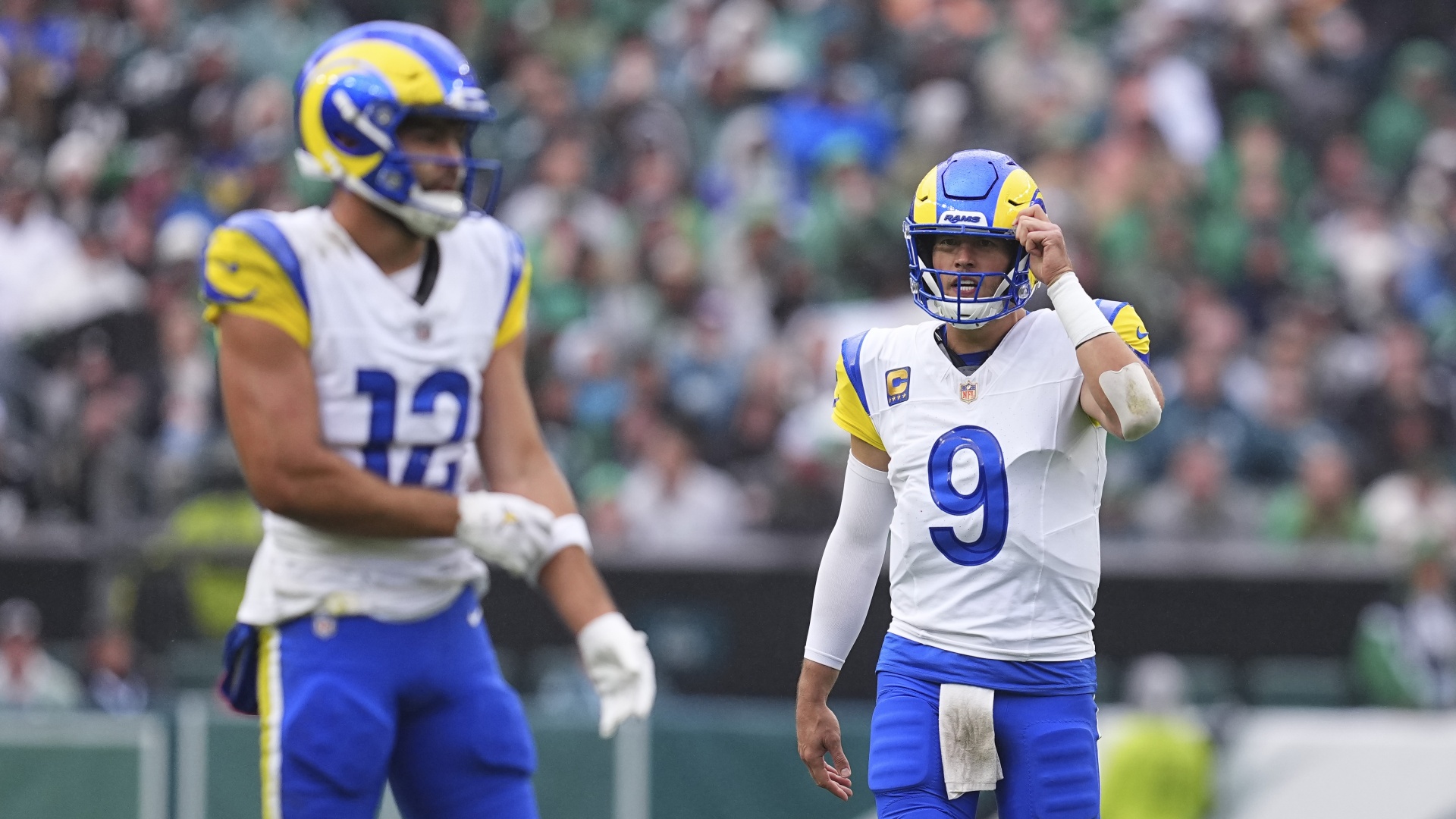 Los Angeles Rams quarterback Matthew Stafford talking to wide receiver Puka Nacua
