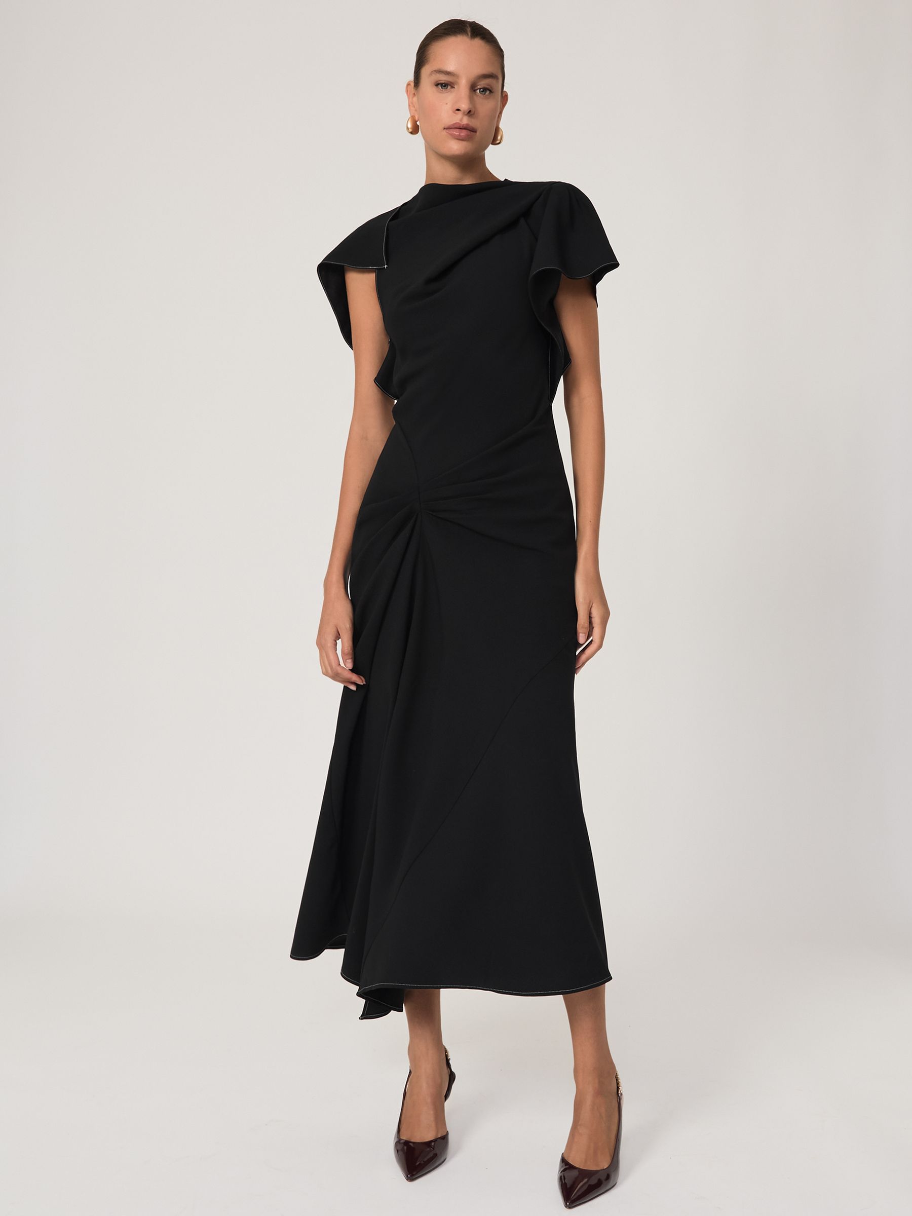 Asymmetric Draped Midi Dress in Black