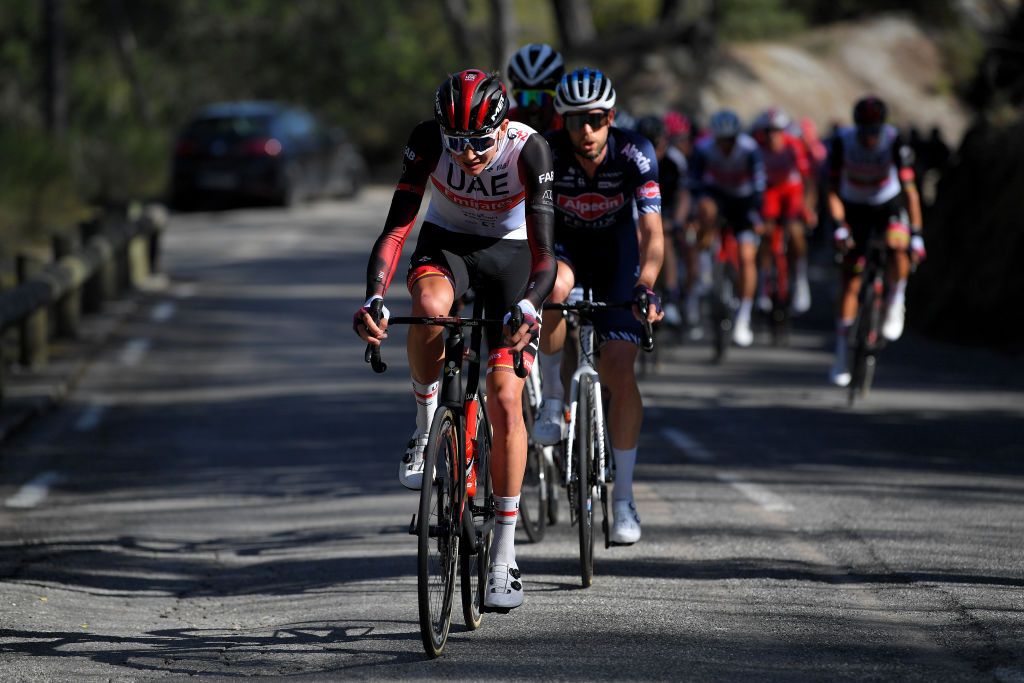 BLAUSASC FRANCE FEBRUARY 21 Joseph Lloyd Dombrowski of The United States and UAE Team Emirates Jimmy Janssens of Belgium and Team AlpecinFenix during the 53rd Tour Des Alpes Maritimes Et Du Var Stage 3 a 1347km stage from Blausasc to Blausasc letour0683 on February 21 2021 in Blausasc France Photo by Luc ClaessenGetty Images