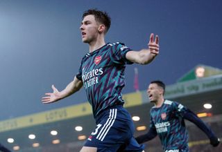 Arsenal’s Kieran Tierney celebrates scoring their side’s second goal of the game during the Premier League match at Carrow Stadium, Norwich. Picture date: Sunday December 26, 2021