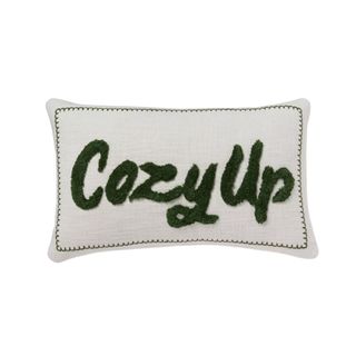 Traditional Cozy Up Oblong Deco Pillow in white and green script writing