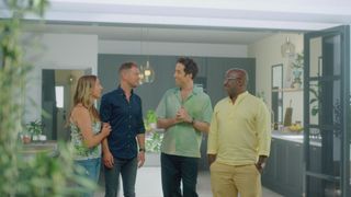 Nick Grimshaw and Kunle Barker with couple Caroline and Scott in their VR kitchen/extension looking out into the garden