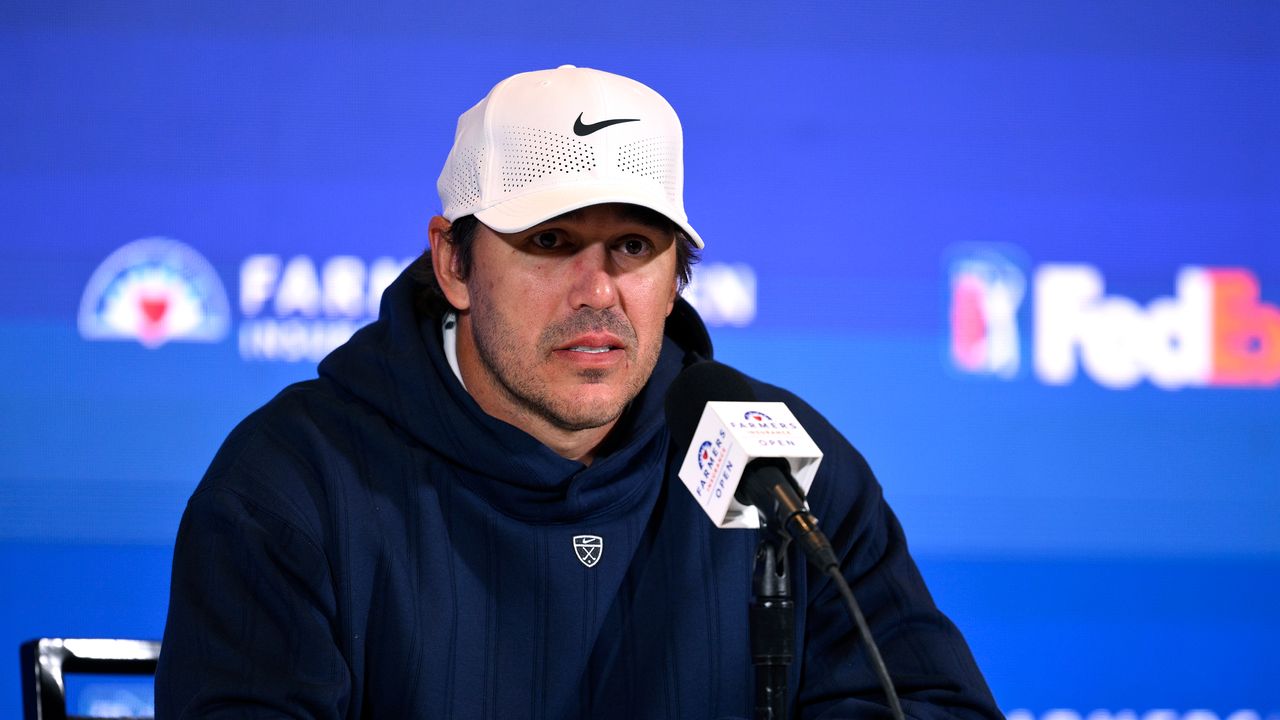 Brooks Koepka speaks during his pre-tournament press conference ahead of the 2026 Farmers Insurance Open