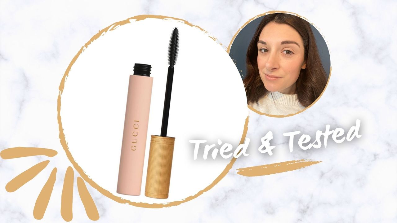 Gucci Mascara L&#039;Obscur review collage with the mascara in its tube and beauty editor Jess Beech pictured wearing the mascara