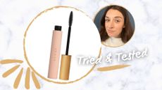 Gucci Mascara L'Obscur review collage with the mascara in its tube and beauty editor Jess Beech pictured wearing the mascara