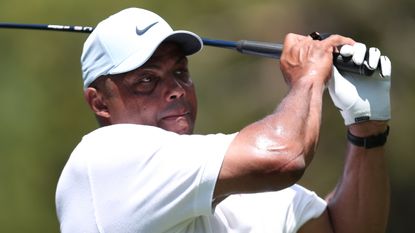 Charles Barkley tees off on the 15th hole of the 2020 American Century Championship
