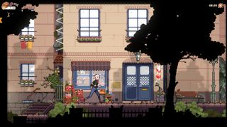 A female protagonist runs across a town in a retro pixel platformer