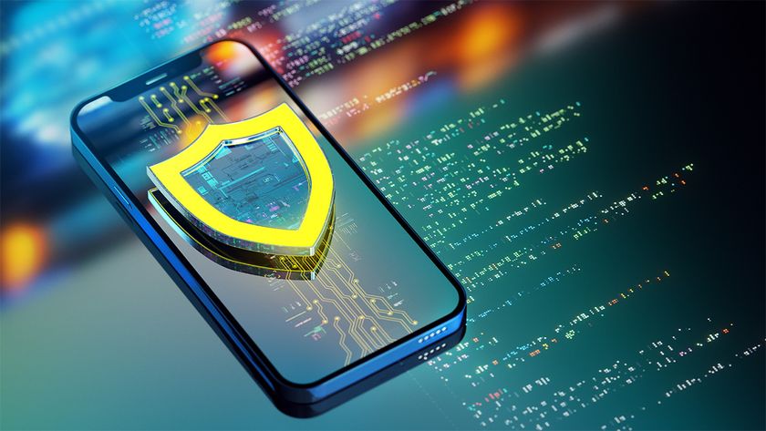 Graphic of smartphone with cybersecurity shield