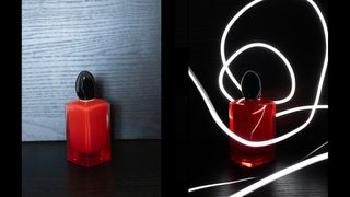 Divided image, Left: A red perfume standing in front and on top of a black ground, Right: A red perfume standing in front and on top of a black ground gets highlighted through round shaped light trails 