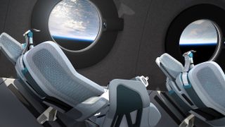 SpaceShipTwo's cabin features six seats and 12 large windows.