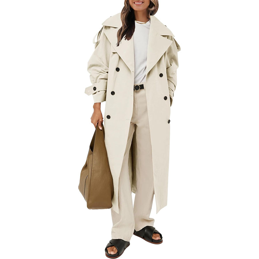 Farktop Womens Oversized Long Trench Coat Double Breasted Lapel Windproof Overcoat With Belt