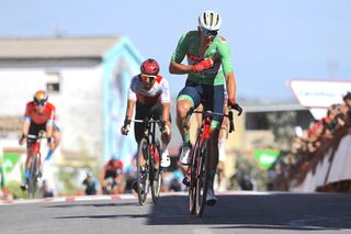 MONTILLA, SPAIN - SEPTEMBER 02: Mads Pedersen of Denmark and Team Trek - Segafredo - Green Points Jersey celebrates at finish line as stage winner during the 77th Tour of Spain 2022, Stage 13 a 168,4km stage from Ronda to Montilla 315m / #LaVuelta22 / #WorldTour / on September 02, 2022 in Montilla, Spain. (Photo by Tim de Waele/Getty Images)