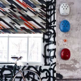 room with graphic textiles with faux concrete