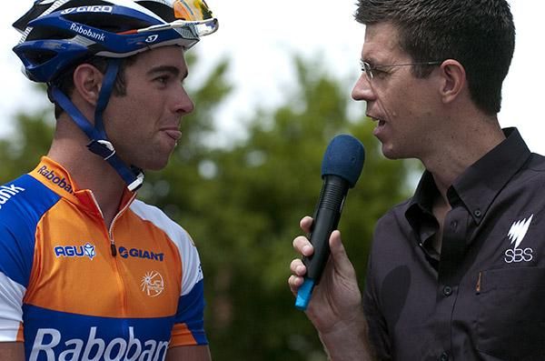 Matt Keenan of SBS chats with rising sprinter Michael Matthews before the 163km race.