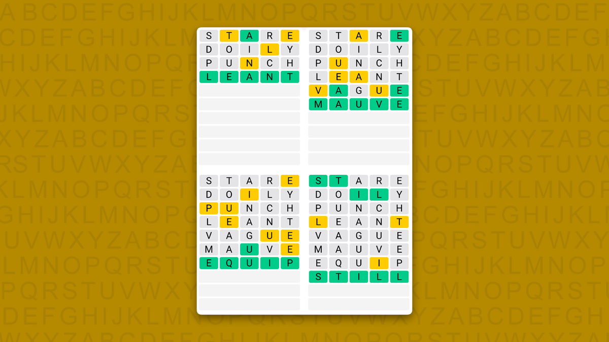 Quordle Daily Sequence answers for game 1719 on a yellow background