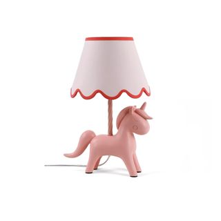 The M&S Collection Unicorn Table Lamp with a white lampshade with red scalloped edge and pink unicorn base