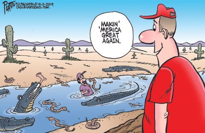 Political Cartoon U.S. Trump Border Moat Alligators MAGA