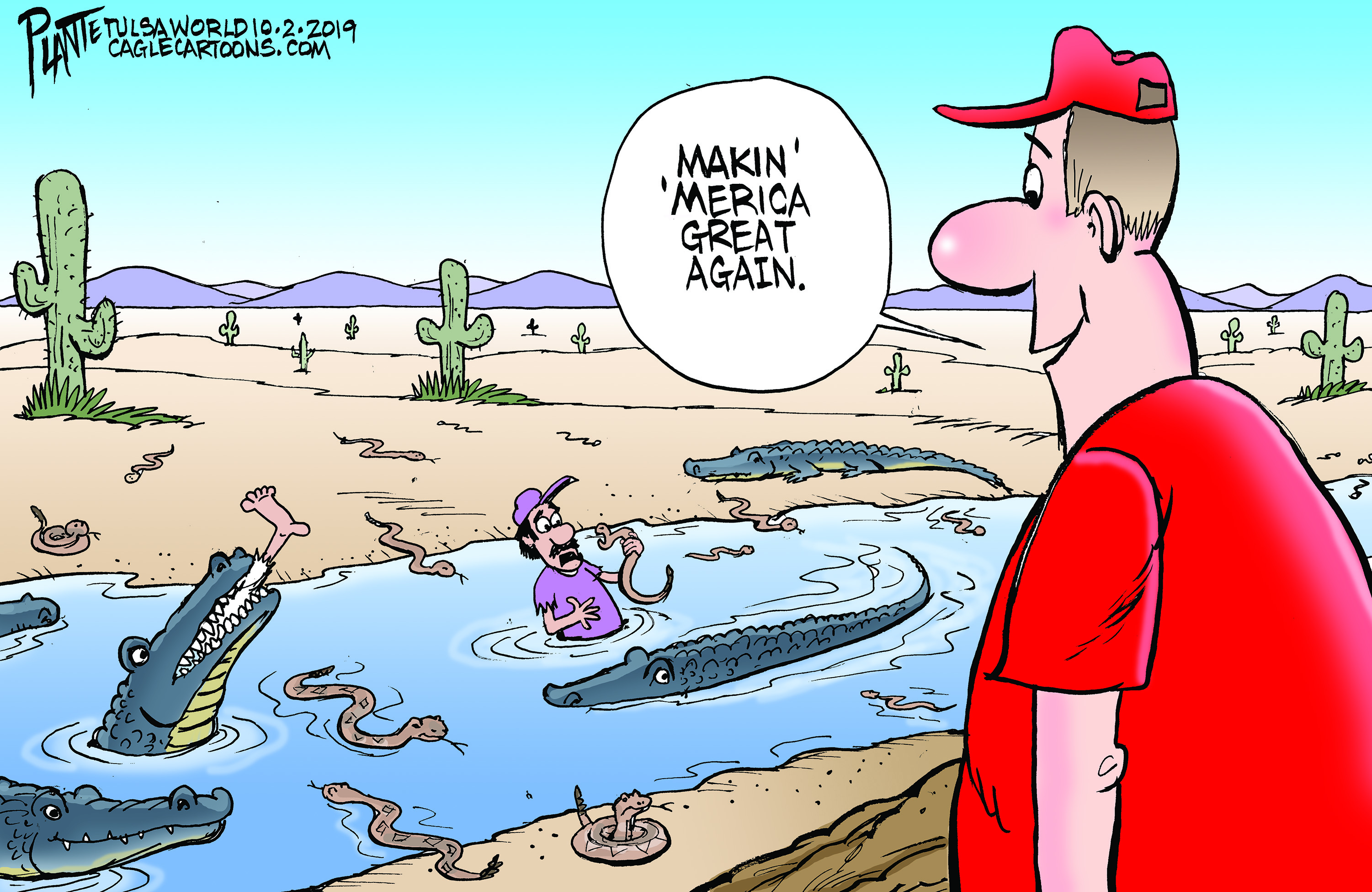 Political Cartoon U.S. Trump Border Moat Alligators MAGA