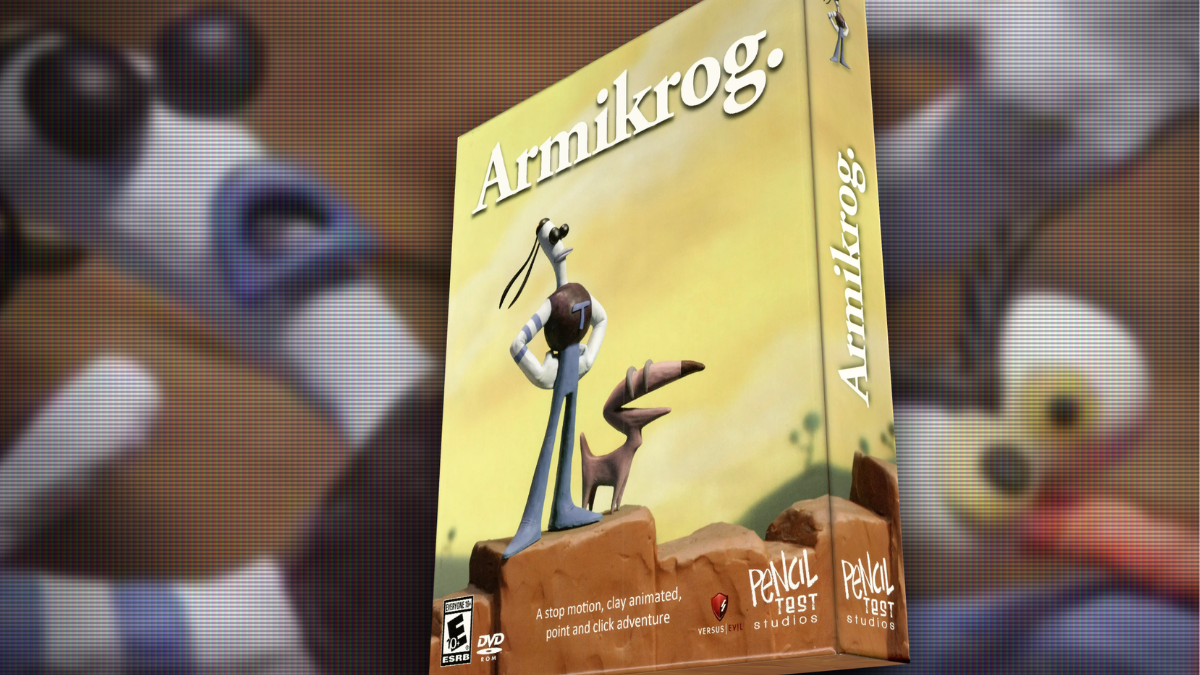 A 3D render of the physical packaging for Armikrog